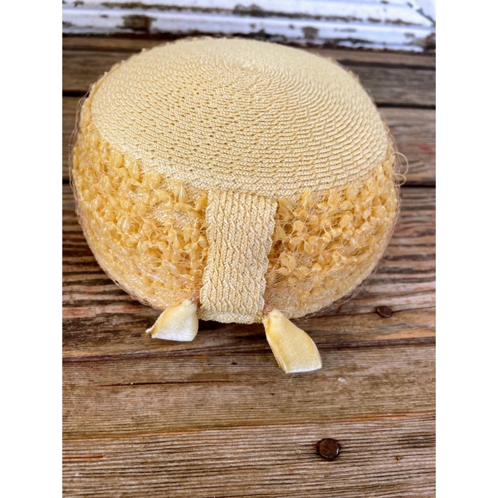 Vintage 1950s Yellow Straw Pill Box Hat Rhinestones MOD - Picture 12 of 15
